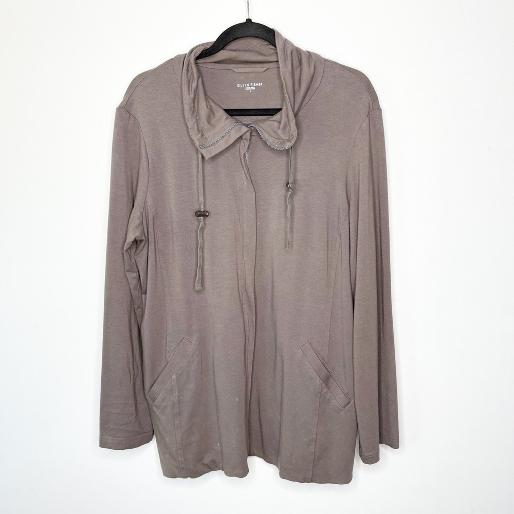 Eileen Fisher Womens Large Taupe Organic Cotton Zip Up Funnel Neck Jacket B76